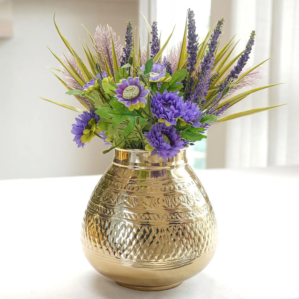 Behoma Matki Shape Metal Flower Vase Traditional Embossed Metal Flower Pot Golden Flowers not Included
