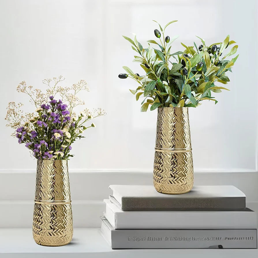 Behoma Metal Arrow Engrave Vase Golden Set of 2 Pcs Flowers not Included