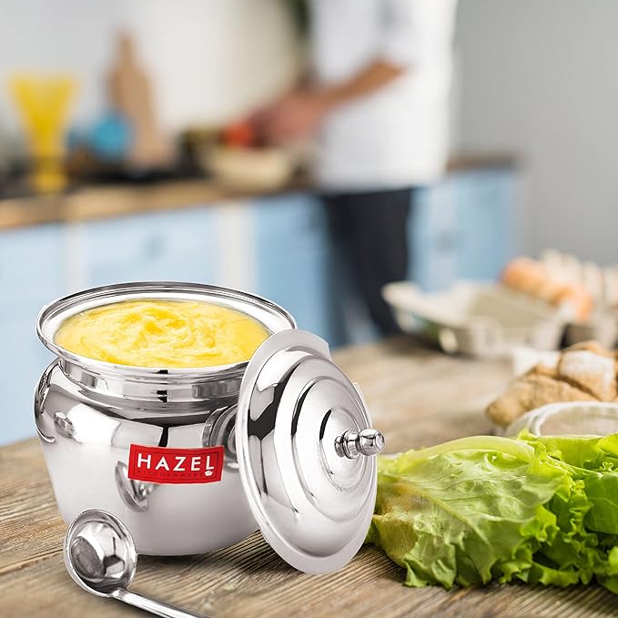 Hazel Stainless Steel Oil And Ghee Container With Spoon For Kitchen 300 Ml Capacity Multipurpose Oil Container