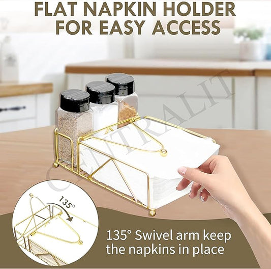 CentraLit Napkin Holder for Dining Table with 3 Bottles Salt and Pepper Shakers Napkin Holder Gold