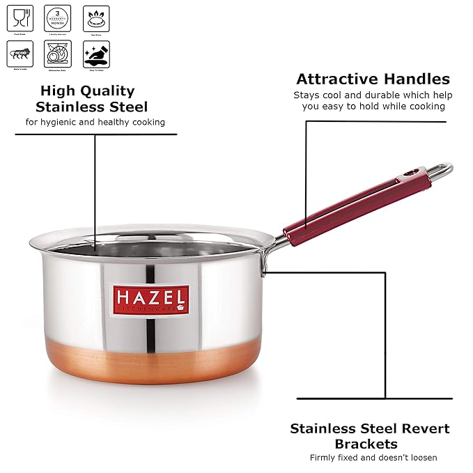 Hazel Stainless Steel Milk Saucepan Copper Bottom Tea Pan with Fixed Rubber Grip Handle 1000 Ml Silver