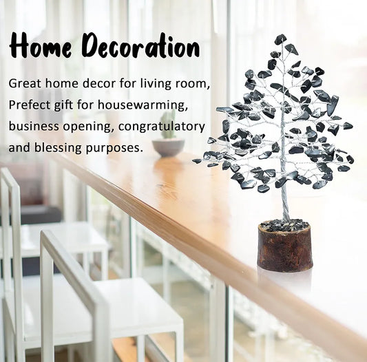 Crocon Black Tourmaline Gemstone Money Tree Feng Shui Bonsai Silver Wire