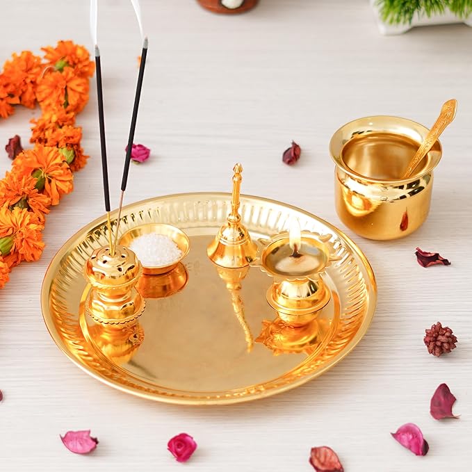 Ecraftindia Golden Decorative Puja Thali Set With Diya Ghanti Kalash Spoon Agarbatti Stand Bowl | Aarti Thali for Puja