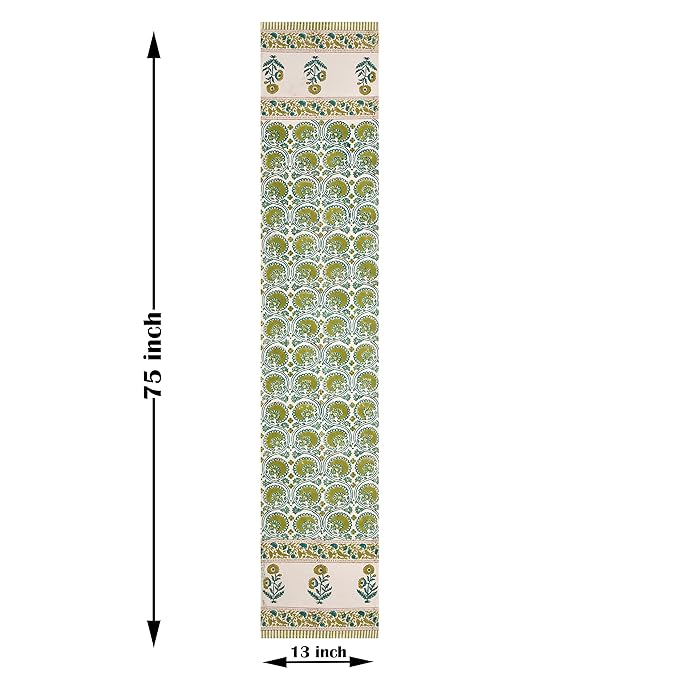 Blocks Of India Cotton Hand Block Printed Table Runner for Center Dining Table Green Motifs
