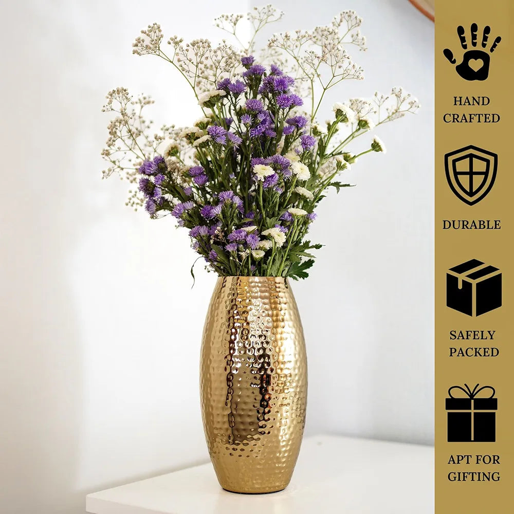 Behoma Metal Golden Full Hammered Oblong Shape 1 Large Pcs Flowers not Included
