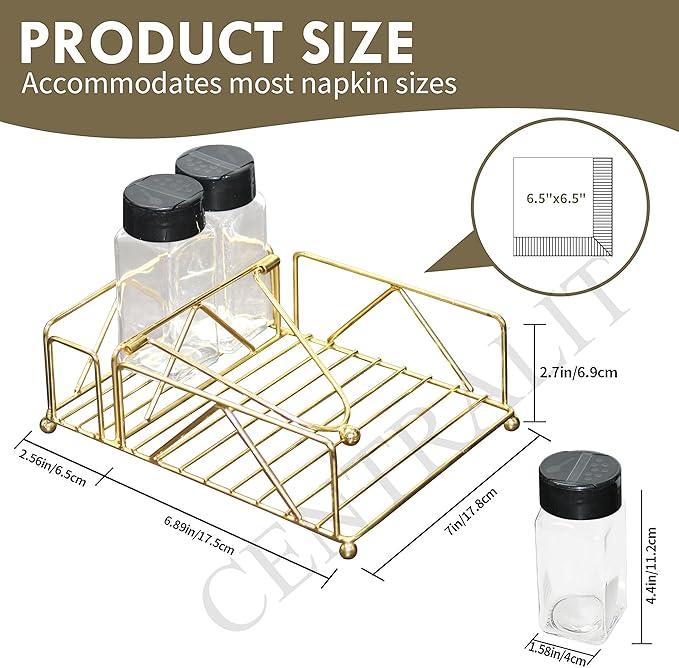 CentraLit Napkin Holder for Dining Table with 3 Bottles Salt and Pepper Shakers Napkin Holder Gold