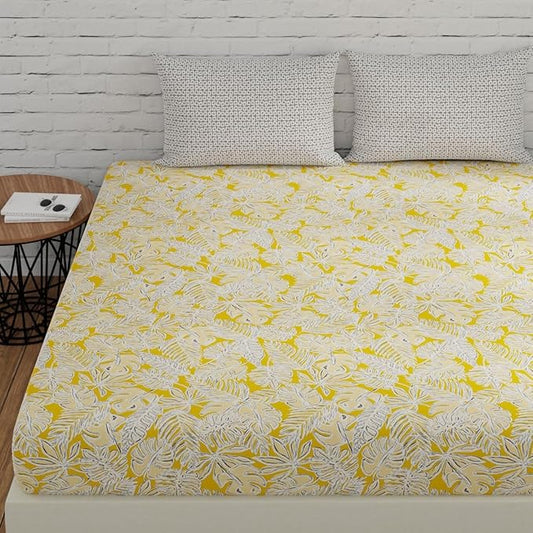 Huesland by Ahmedabad Cotton 144 TC King Size Bedsheet Cotton with 2 Pillow Covers | Yellow & Grey