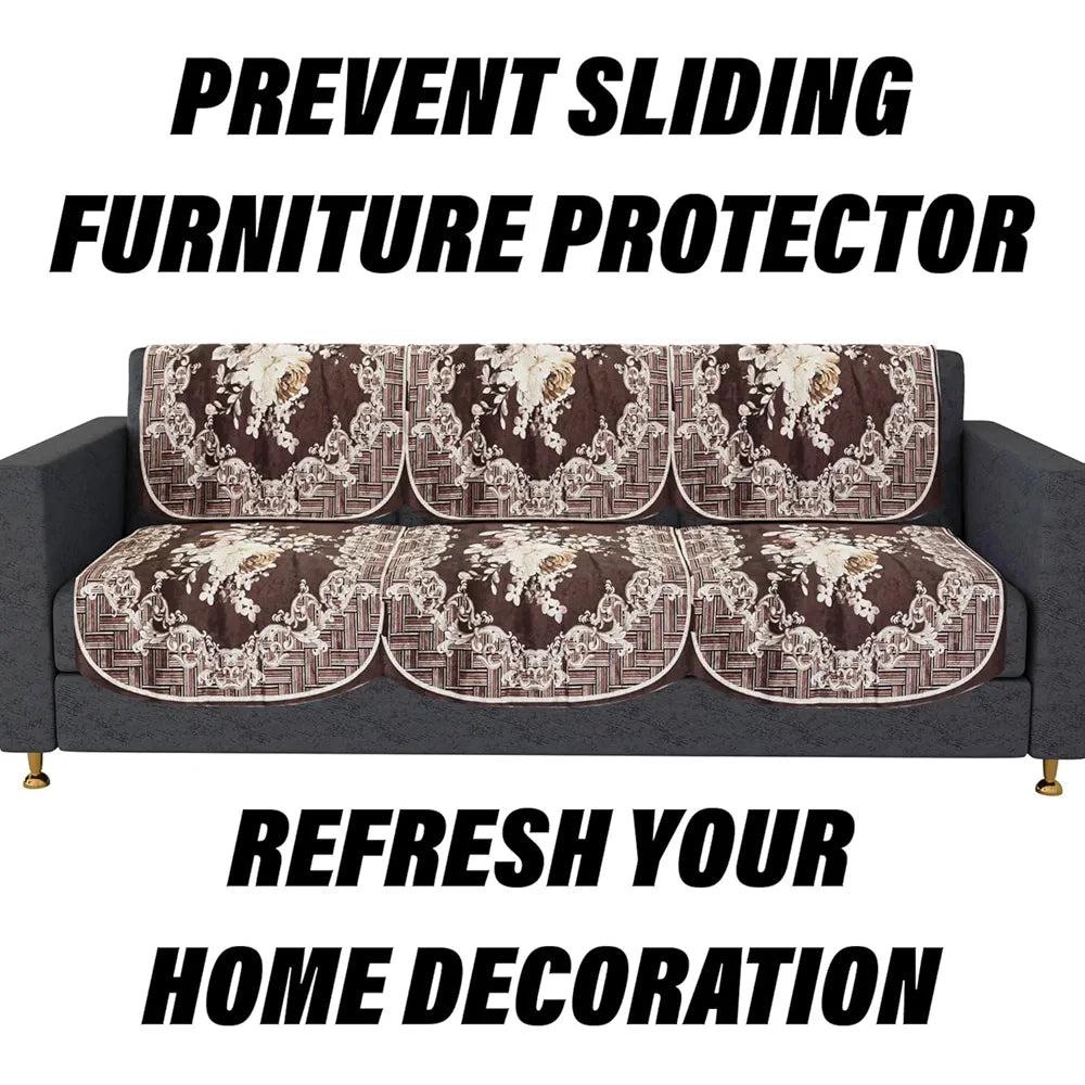 Kuber Industries Velvet Sofa Cover Set 5 Seater With Brown Check Border for Living Room Cream