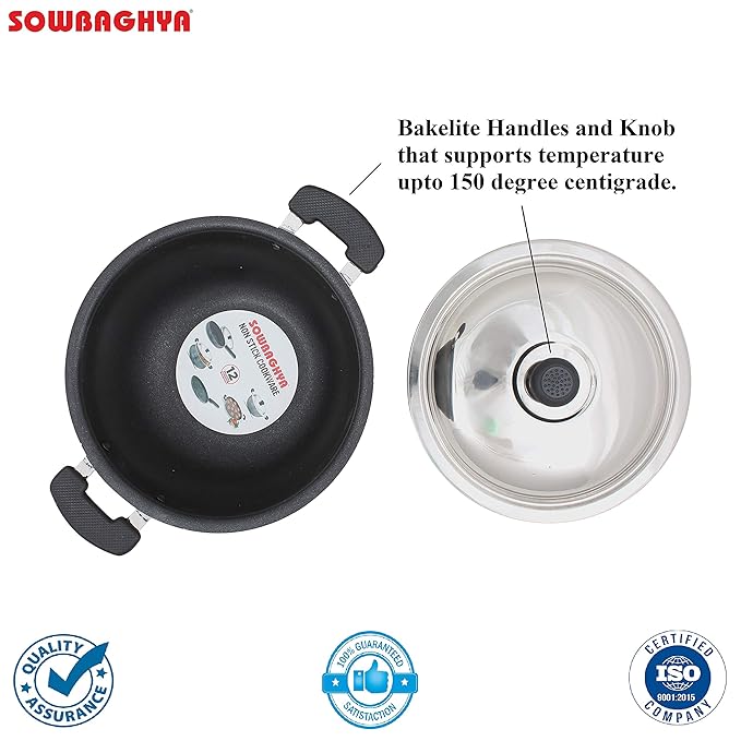 Sowbaghya Aluminium Non Stick Deep Kadai with Stainless Steel Lid (2 LTR, Grey)