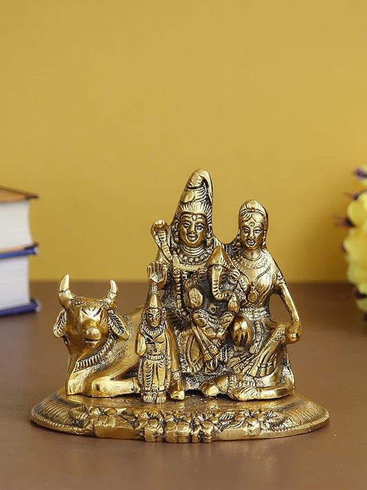 Ecraftindia Golden Metal Handcrafted Lord Shiva, Parvati, Kartik, and Ganesha Idol Sitting on Nandi Animal Figurine Decorative Showpiece