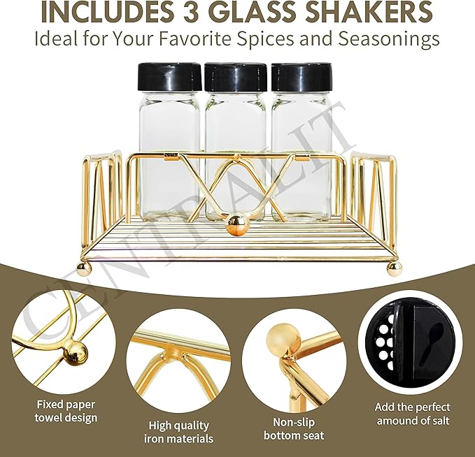 CentraLit Napkin Holder for Dining Table with 3 Bottles Salt and Pepper Shakers Napkin Holder Gold