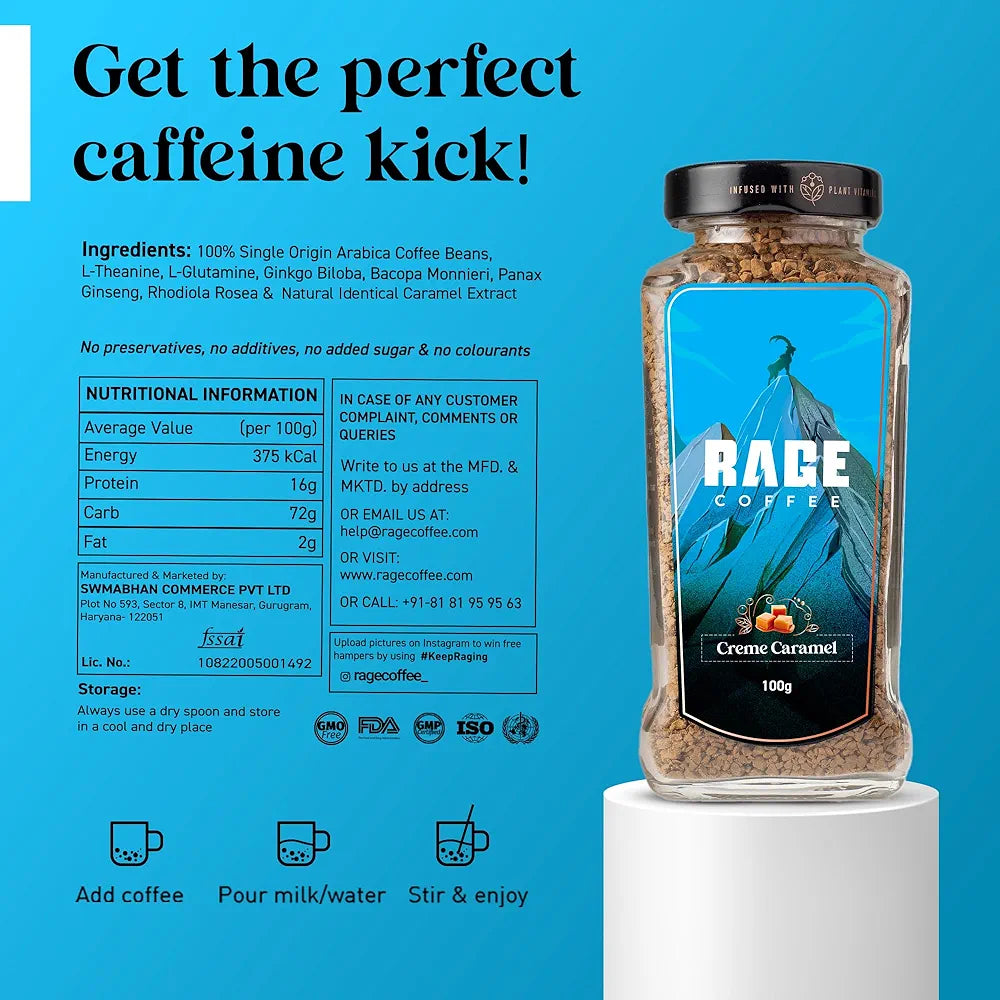 RAGE COFFEE Creme Caramel - Flavored Instant Coffee Powder for both Hot & Cold Coffee, 100% Single Origin Arabica Coffee Beans Powder, Premium Coffee Infused with Plant Vitamins