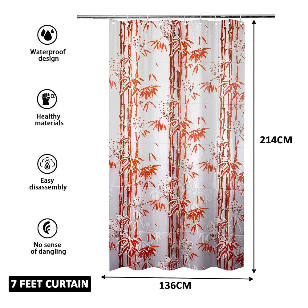 Kuber Industries Shower Curtain Bathroom Shower Curtain 8 Rings Curtain Bamboo Print Orange