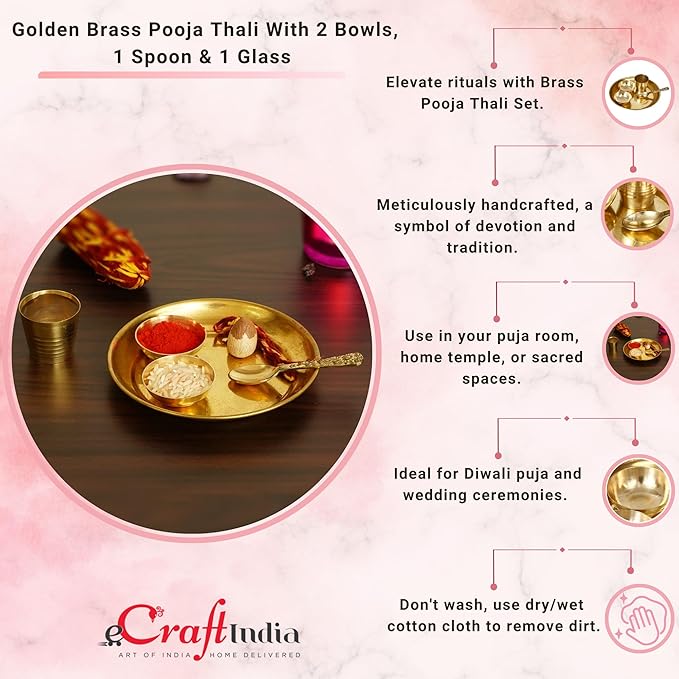 Ecraftindia Golden Brass Decorative Pooja Thali With Bowls Spoon Glass | Aarti Thali for Pooja | Puja Thali Set for Home