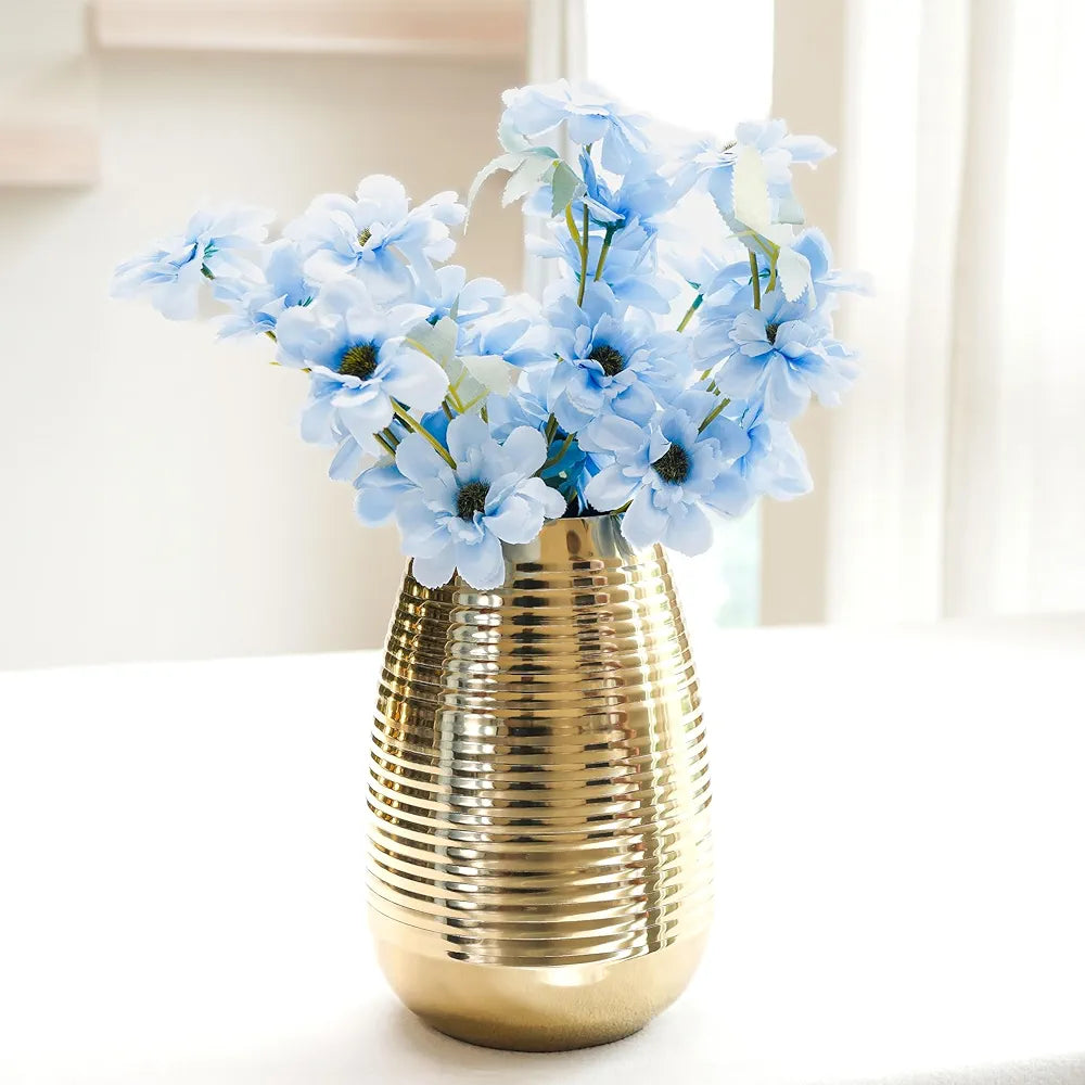 Behoma Oval Shape Metal Flower Vase Ribbed vase 8.7 inches Golden 1Pc Flowers not Included