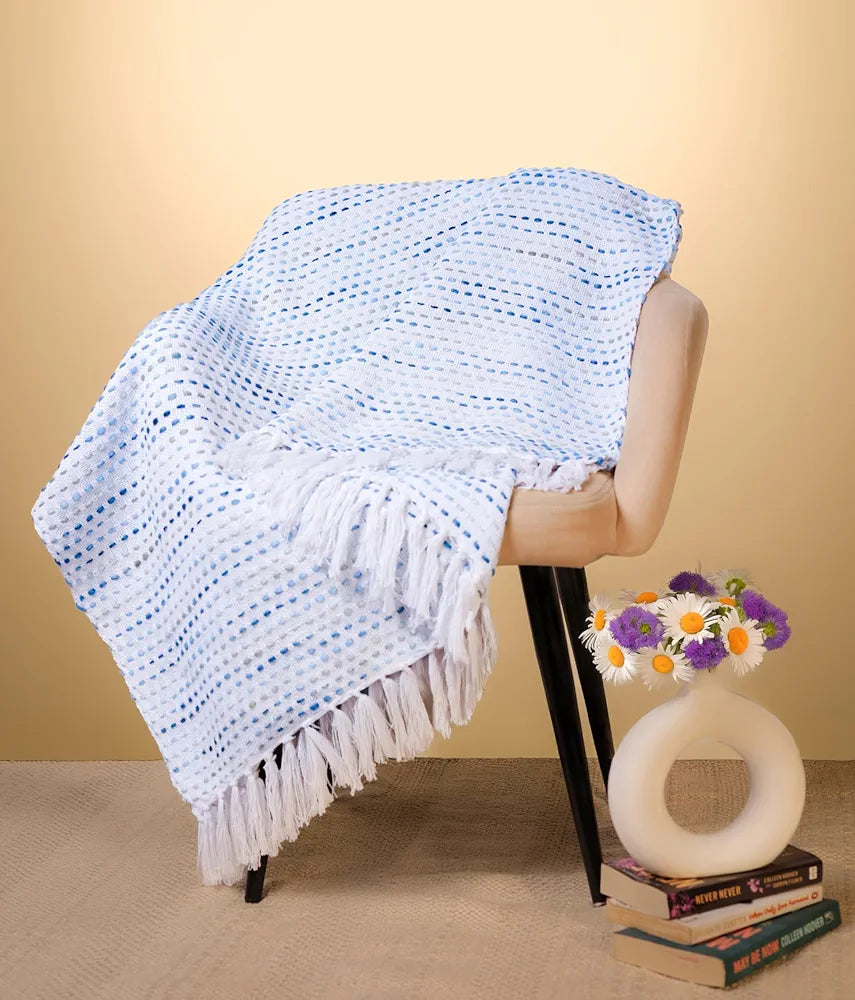 Sajavat Home Hand-Knitted Pure Cotton 3 Seater Sofa Throw Colour Blue Multi