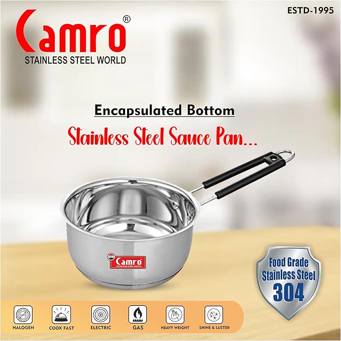 Camro Induction Bottom Deep Sauce Pan 10 No 1.1 Liters Gas Stove Compatible Dishwasher Safe