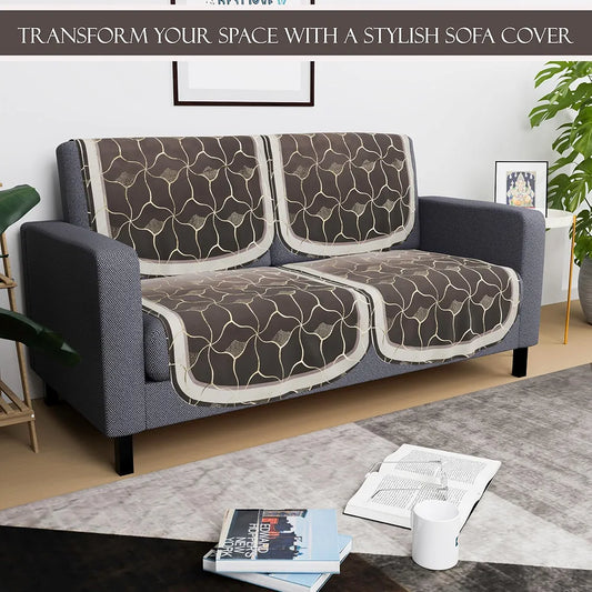 Kuber Industries Set of 4 Durable 2 Seater Sofa Cover for Living Room Arabica Look Brown & Golden Foil