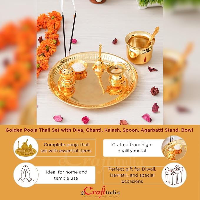 Ecraftindia Golden Decorative Puja Thali Set With Diya Ghanti Kalash Spoon Agarbatti Stand Bowl | Aarti Thali for Puja