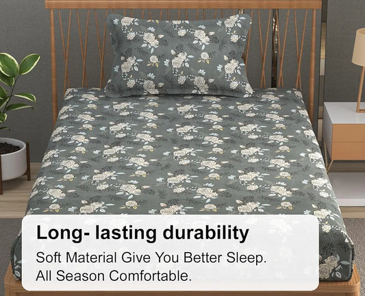 Fresh From Loom Single Bed Microfiber Bedsheet with Floral Print 240 TC 1 Pillow Covers Rose-Oslo-Grey