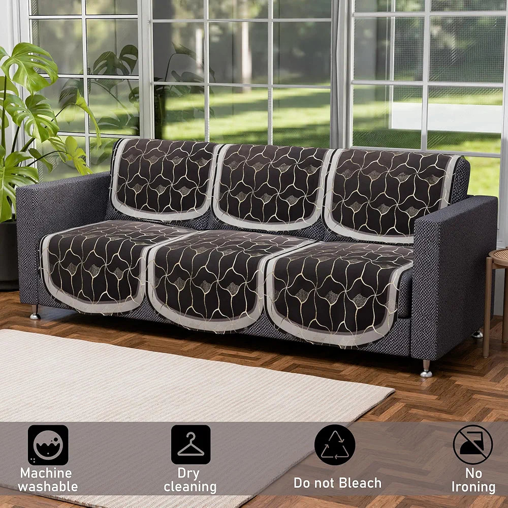 Kuber Industries Set of 10 Anti-Skid Sofa Cover 5-Seater Arabica Look Brown & Golden Foil