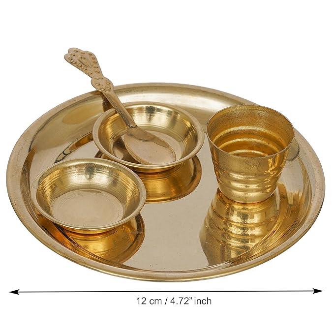 Ecraftindia Golden Brass Decorative Pooja Thali With Bowls Spoon Glass | Aarti Thali for Pooja | Puja Thali Set for Home