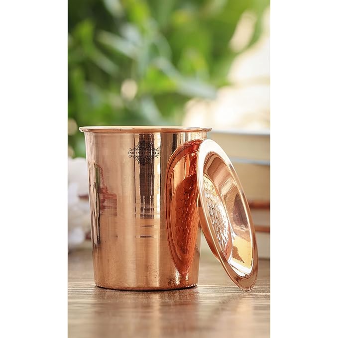 Indian Art Villa Copper Glass Tumbler with Lid Plain Design (Pack of 4)