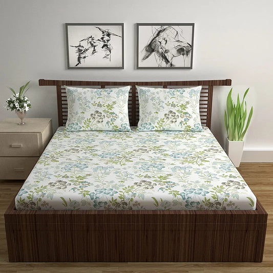Divine Casa 144 TC Super Soft 100% Cotton Bedsheet for Double Bed 144 Thread Count Floral Colour Green Blush