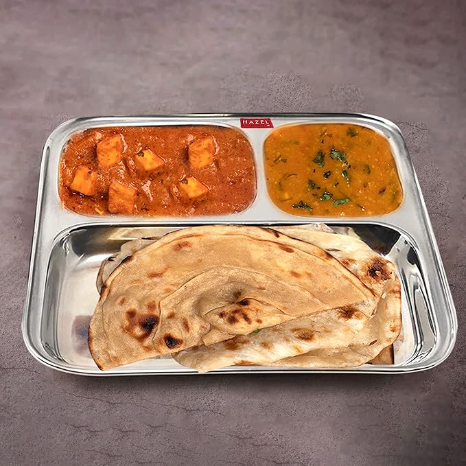 Hazel Pav Bhaji Plates for Restaurant Small Stainless Steel Compartment Plate 3 in 1 Mess Plate Steel