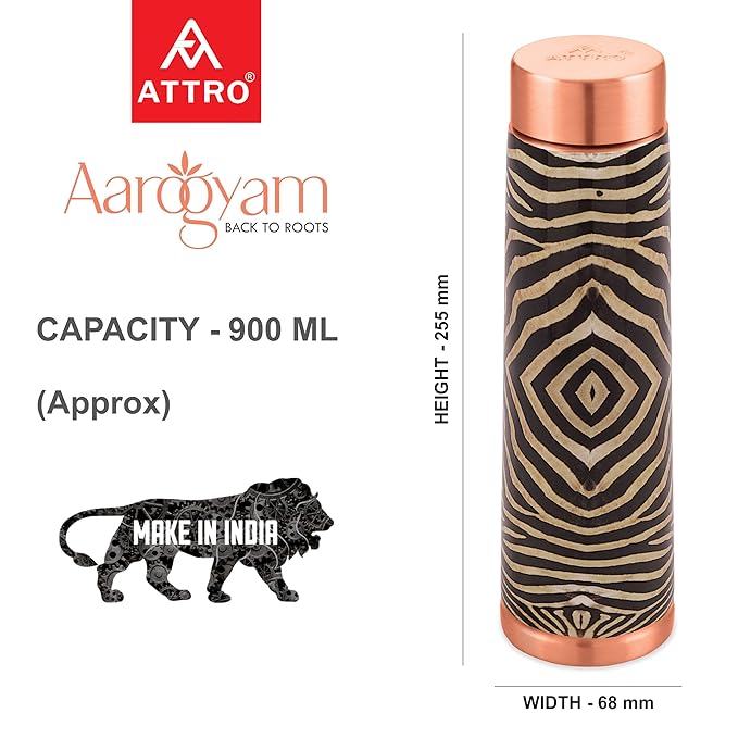 Attro Aarogyam 900ml Satveda AKS Designer Joint less Copper Water Bottle