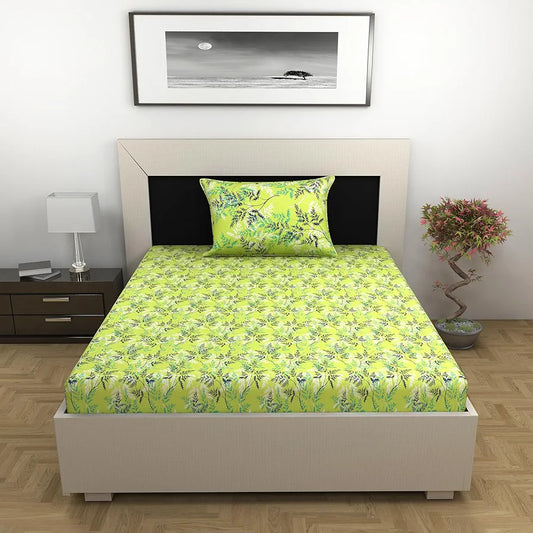 Divine Casa Bedsheet for Single Size Bed 144 TC Cotton Bedsheet for Single Size Bed with 1 Pillow Cover Floral Colour Lime Breeze