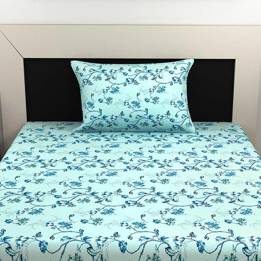 Divine Casa Bedsheet for Single Size Bed 144 TC Cotton Bedsheet for Single Size Bed with 1 Pillow Cover Floral Colour Frost Blue