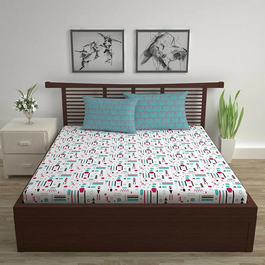 Divine Casa 144 TC Super Soft Cotton Bedsheet for Double Bed 144 Thread Count Abstract Colour Red Teal & White