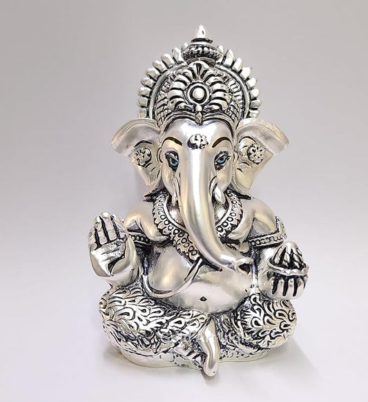 Gold Art India Matte Silver Plated Antique Mukut Ganesha Perfect for Gifting