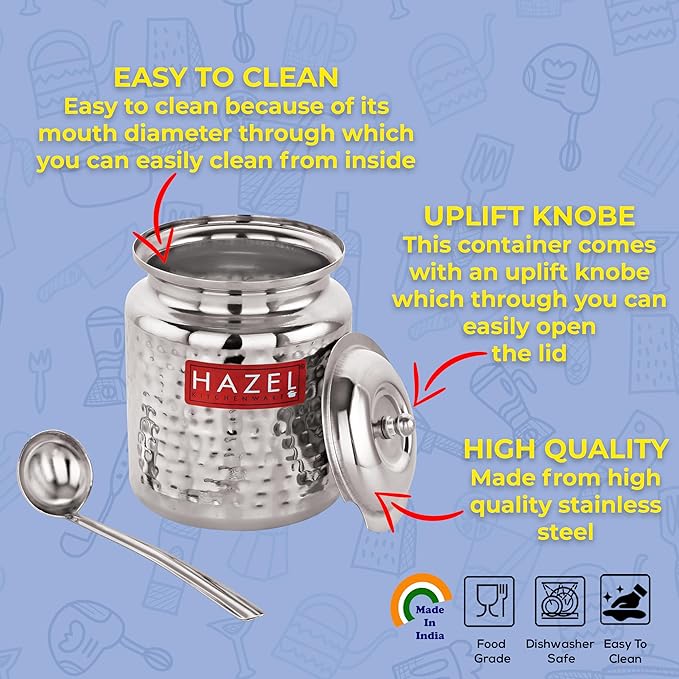 Hazel Stainless Steel Ghee Pot with Spoon 600 ml Oil Containers for Kitchen With Lid