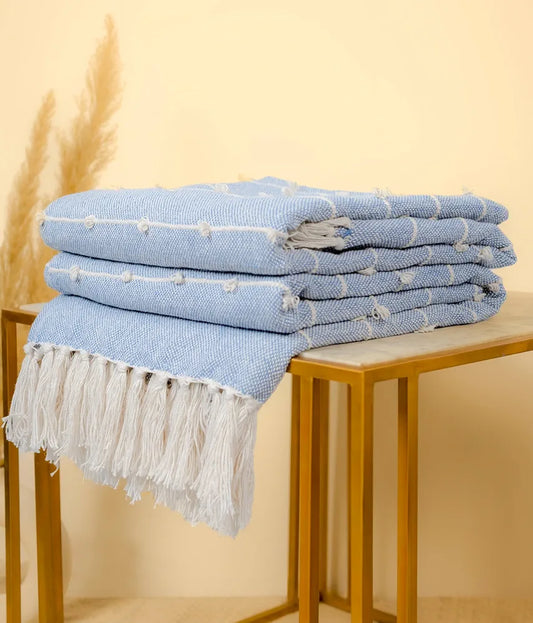 Sajavat Home Hand-Knitted Pure Cotton 3 Seater Sofa Throw Colour Blue