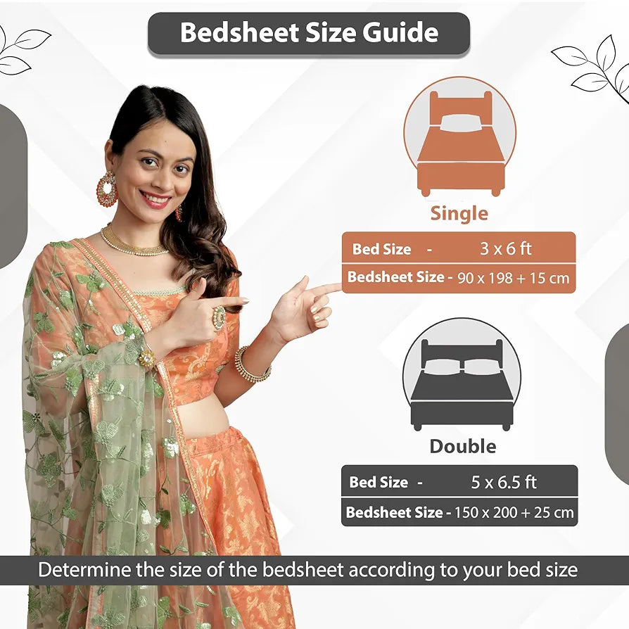 Divine Casa 100% Cotton Fitted Bedsheet Set for Single Bed Floral Print 144 TC Includes 1 Bedsheet & 1 Pillow Cover Colour Garden Green