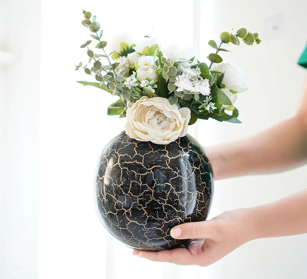 Behoma Metal Ball Vase for Home Decor Black Crackled Medium Flowers not Included