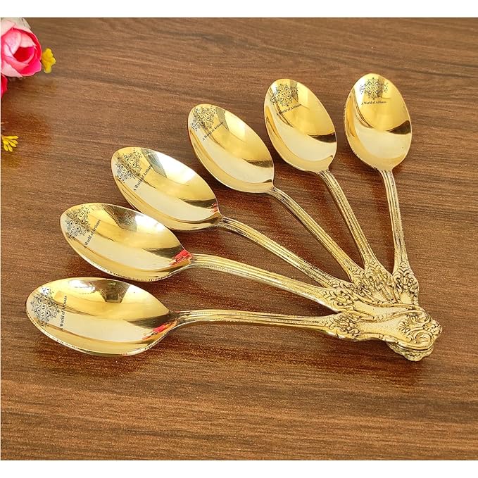 Indian Art Villa Brass Designer Spoon Tableware Home Hotel Length 6.5 Inch (Pack of 6)