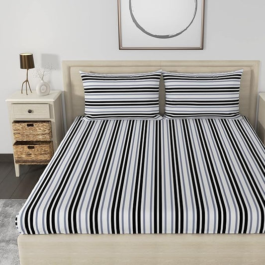 Huesland by Ahmedabad Cotton 186 TC King Size Bedsheet Cotton with 2 Pillow Covers | Stripes Black & Grey