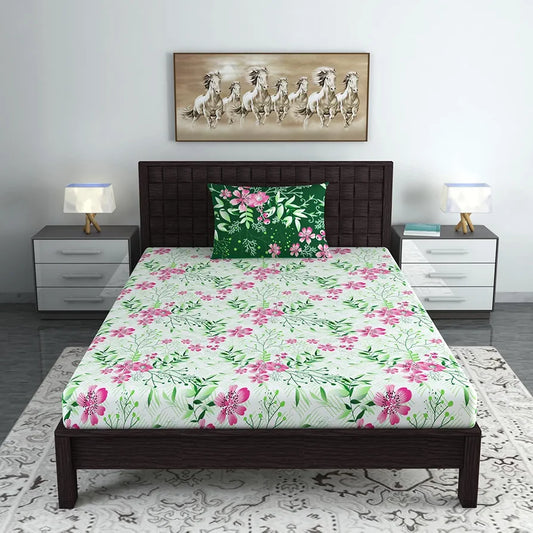 Divine Casa Bedsheet for Single Size Bed 144 TC Cotton Bedsheet for Single Size Bed with 1 Pillow Cover Floral Colour Mint Pink