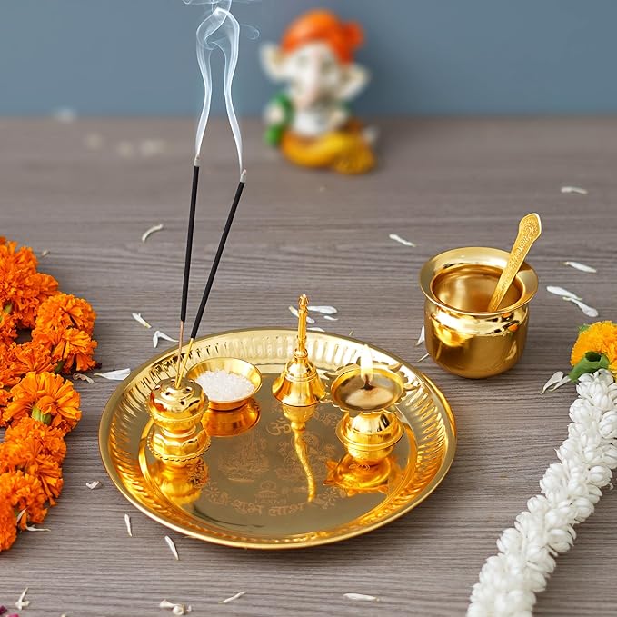 Ecraftindia Golden Decorative Puja Thali Set With Diya Ghanti Kalash Spoon Agarbatti Stand Bowl | Aarti Thali for Puja