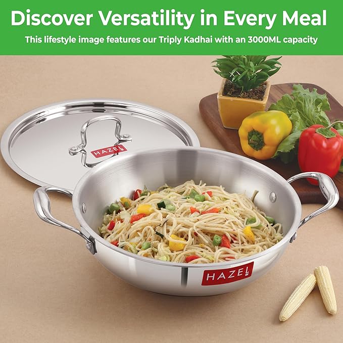 Hazel Triply Kadai with Lid for Cooking Triply Kadai Steel 2 litres Induction Bottom