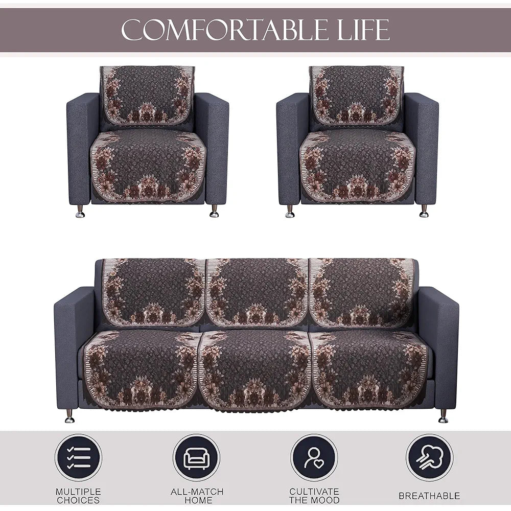 Kuber Industries Set of 10 Anti-Skid Sofa Cover 5-Seater Floral Print Dark Olive Green