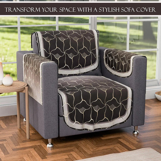 Kuber Industries Set of 16 Anti-Skid Sofa Cover 5-Seater with Arm Cover Arabica Look Brown & Golden Foil