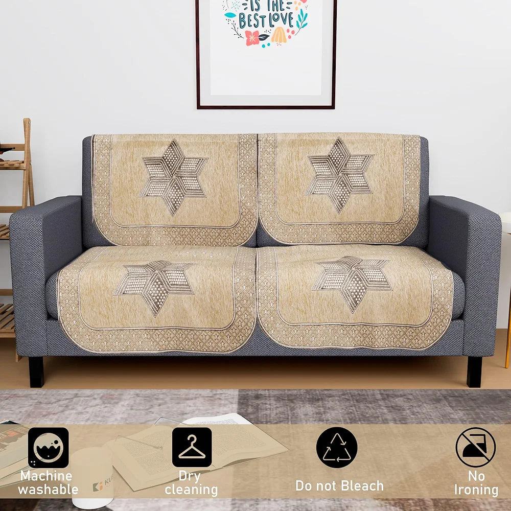 Kuber Industries Set of 4 Durable 2 Seater Sofa Cover for Living Room Star Print Cream & Brown