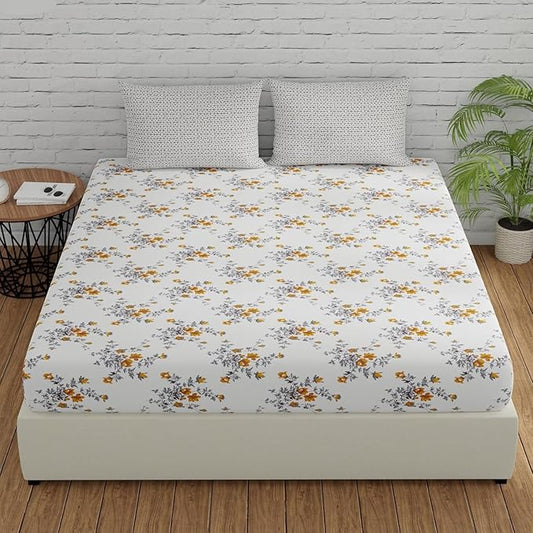 Huesland by Ahmedabad Cotton 144 TC King Size Bedsheet Cotton with 2 Pillow Covers | White, Tangerine & Grey