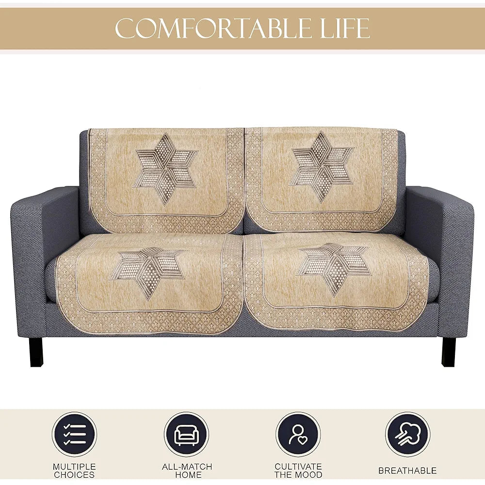 Kuber Industries Set of 4 Durable 2 Seater Sofa Cover for Living Room Star Print Cream & Brown