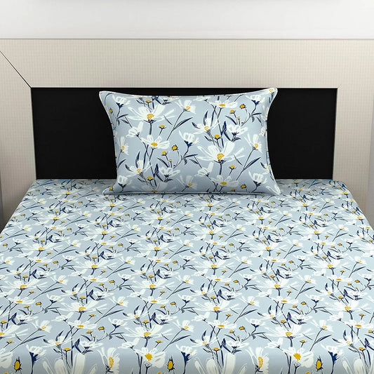 Divine Casa 100% Cotton Bedsheet for Single Bed, 144 TC Bedsheet Single Size Bed Cotton with 1 Pillow Cover Colour Aqua Bloom
