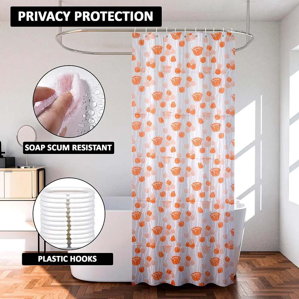 Kuber Industries Shower Curtain Bathroom Shower Curtain 8 Rings Curtain Orange Gulab Blury Transparent